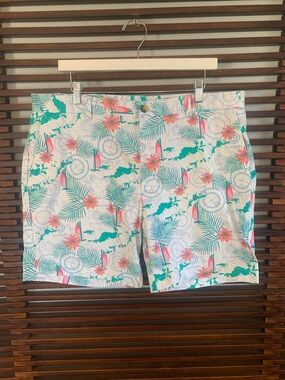 Vineyard Vines White Shorts with Teal Palm & Coral Floral Print